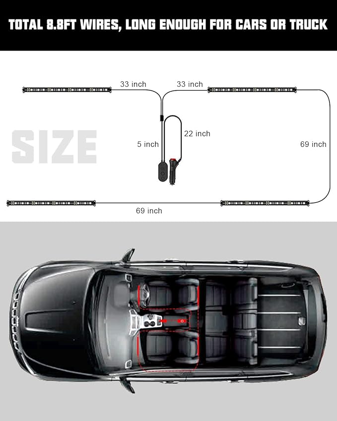 SUNPIE Car LED Lights Interior RGB LED Strip Smart Lighting w/Multi-Color App Control Waterproof Atmosphere Car Light w/8.8ft Length and DC 12V Car Charger Sync to Music