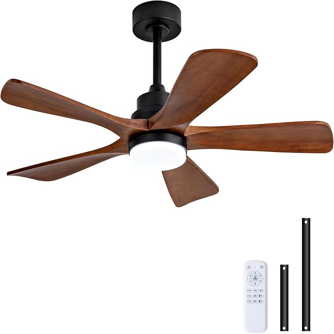 42 Inch Ceiling Fans with Lights and Remote Control, Outdoor Ceiling Fan for Patios, Black Ceiling Fan with Lights for Bedroom, Noiseless DC Motor, Dimmable Led 5 Solid Wood Blades