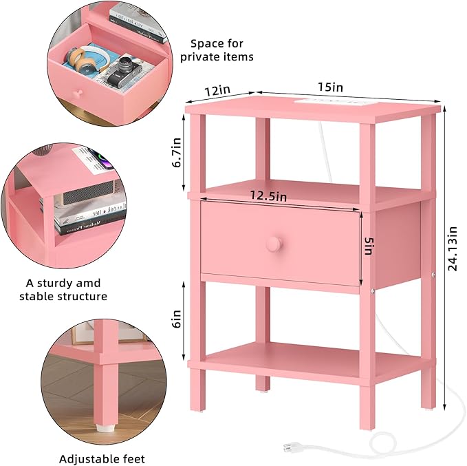 Lerliuo Nightstand with Charging Station and USB Ports, 3-Tier Storage Pink End Table with Drawer Shelf, Night Stand for Small Spaces, Wood Bedside Table for Living Room, Bedroom - ‌Light Pink