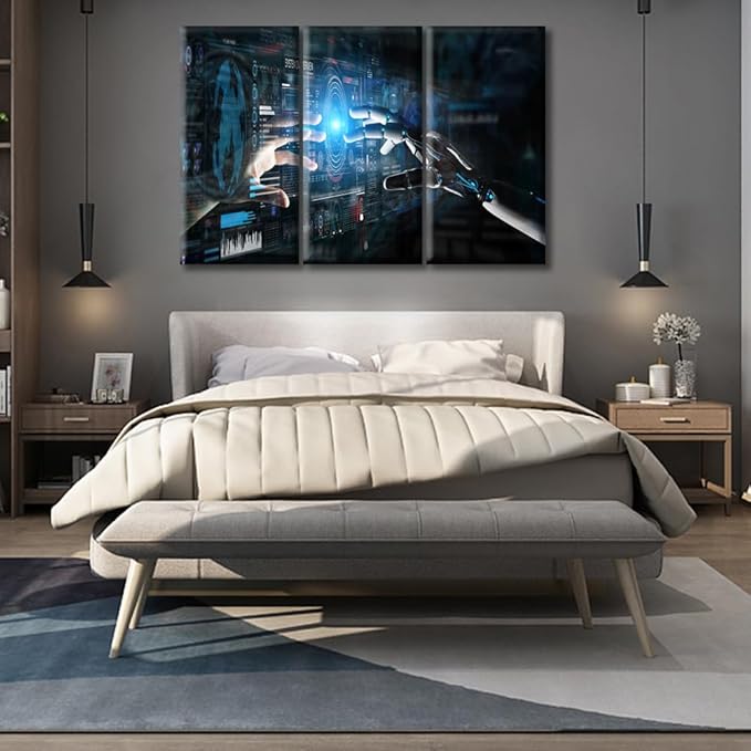 3 Pieces Virtual Network Wall Art Robot Hand and Human Hand Touching Posters Wall Art for Living Room Pictures Modern Artwork Print on Canvas Stretched and Framed Ready to Hang 60"Wx40"H
