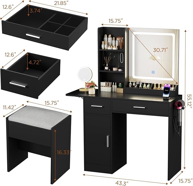 Vanity Desk with Mirror and Lights & Extral Foldable Desk, 35.43" & 43.3" Makeup Vanity Table with Stool and Plug Outlet, 5 Drawers and Open Shelves Dressing Table for Bedroom,Black