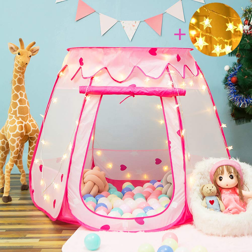 Crayline Pop Up Princess Tent with Star Light, Toys for 1 2 3 Year Old Girl Birthday Gift, Ball Pit for 12-18 Months Baby Girl Toys, Toddler Gift, Easy to Pop Up and Assemble(Pink)