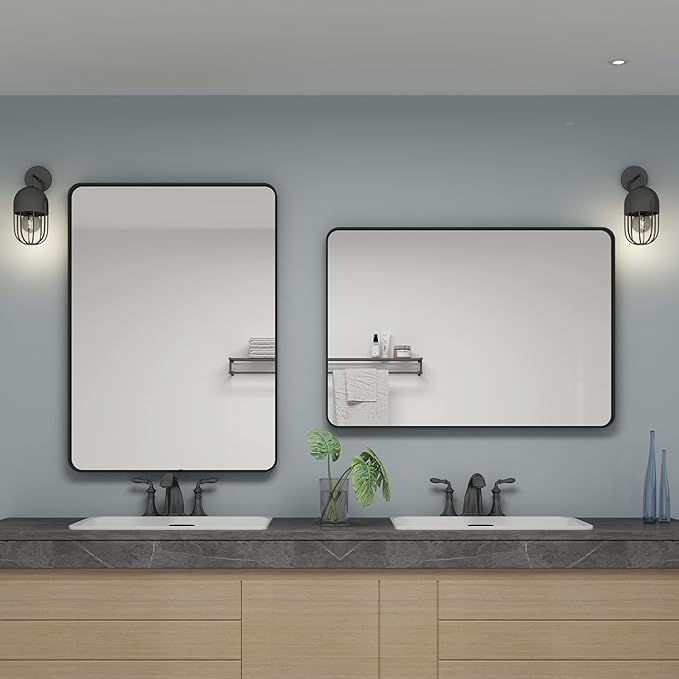 24x36 Inch Black Framed Mirror for Wall, Matte Black Bathroom Rectangle Mirror, Rounded Corner, Anti-Rust (Horizontal/Vertical)