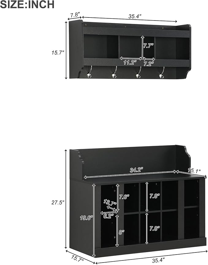 Hall Tree Entryway Coat Rack Shoe Storage Bench with Shelves and 4 Hooks, Modern Elegant Hall Tree with Wall Mounted Coat Rack, Entryway Organizer for Entryways, Mudroom (Black)
