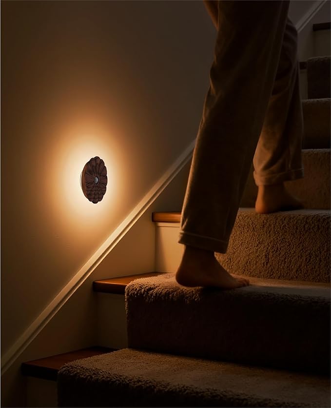 Motion Sensor Night Light Wooden Carved Flower USB Rechargeable Stick-On Step Lights Magnetic Mini Wall Lights for Hallway Bedroom Living Room Stair (Black Walnut)