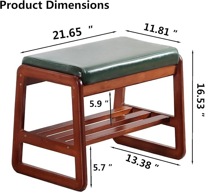 Solid Wood Shoe Bench, 2-Tier Wooden Entryway Bench, Modern Shoe Rack with Faux Leather Cushion for Hallway, Living Room (Green, 21.65'')
