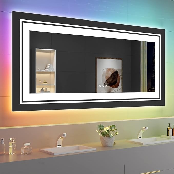 LED Mirror for Bathroom, 60"X28" with 8 RGB Backlit +3 Front Lit (Adjustable Individually), Anti-Fog, Large Lighted Bathroom Vanity Mirror for Wall,Shatterproof,Memory Function,Tempered Glass