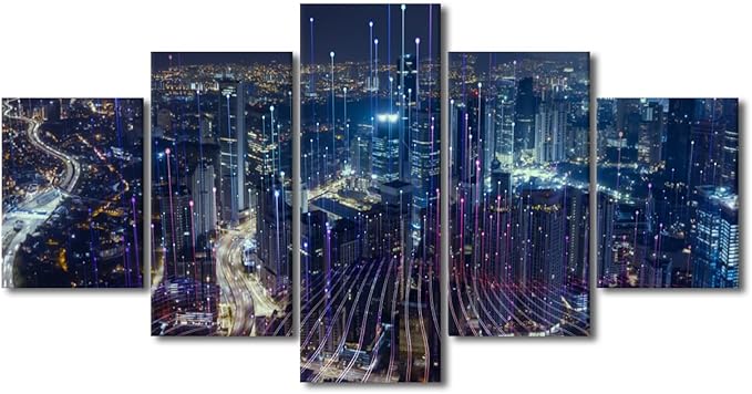 Advanced Smart City Poster Native Americans Home Decoration 5 Panel Futuristic Communication Picture Printing Technology Workers Office Living Room Decor Frame and Stretched Ready to Hang 60x32 Inch