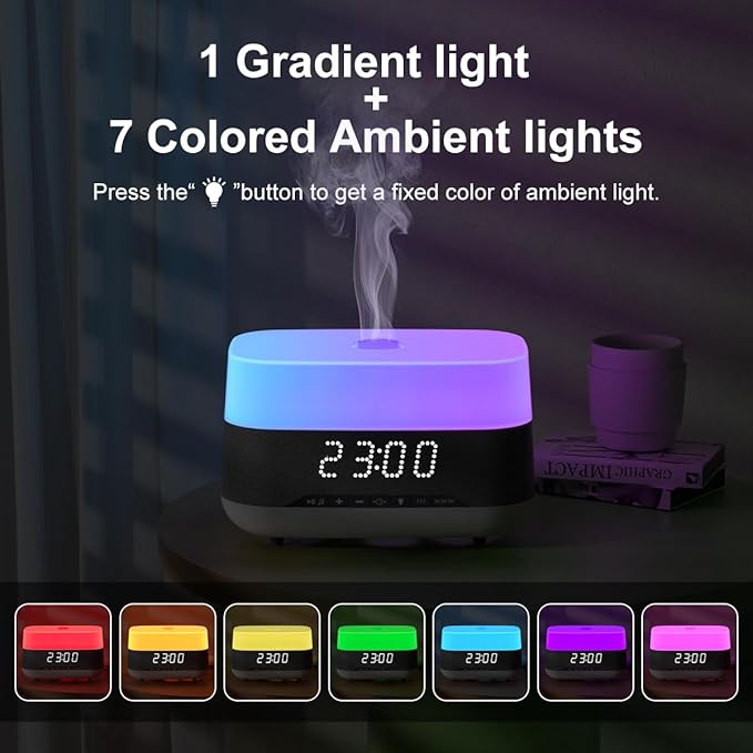 300ml Essential Oil Diffuser with Bluetooth Speaker & Alarm Clock | Auto Shut-Off, Colorful Night Light, Timer for Bedroom, Office, Yoga（White）
