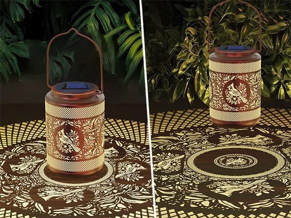 Solar Lantern with Hollow Metal Design, Garden Hanging Light, Copper Color for Outdoor Yard,Patio,Garden Decor (1)