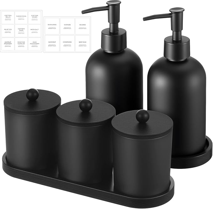 Yaomiao 5 Pack Black Frosted Glass Bathroom Accessories Set Kitchen Modern Liquid Soap Dispenser Set with Pump and Wood Tray Toothbrush Holder Cotton Swab Jars with Lids for Sink Countertop Home Decor
