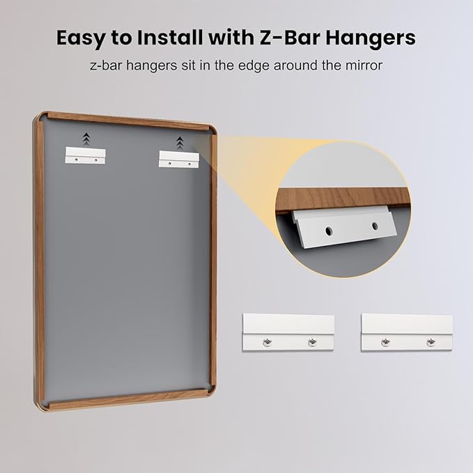 LOAAO 60X40 Inch Bathroom Mirror with Wood Grain Colored Metal Frame, Rounded Rectangle Metal Framed Bathroom Mirror, Anti-Rust, Hangs Horizontally or Vertically, Tempered Glass