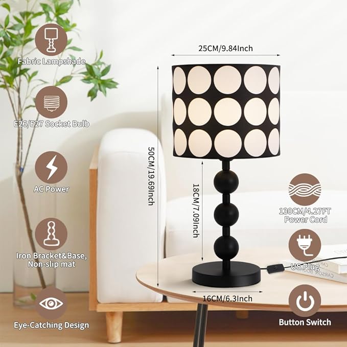 Black Bedside Table Lamp,White Dot Pattern Shade,Modern Black Tall Desk Lamp for Living Room,Bedroom,Nightstand,Office,Metal Base,Fabric Shade,Simple Side Table Lamps,E26 E27 Base,Button Switch
