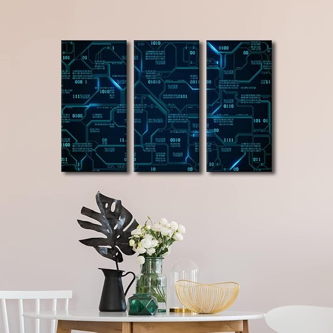 3 Pieces Canvas Wall Art Print Computer Chip Wall Art for Bedroom Circuit Board Wall Decor Art Paintings CPU Concept Modern Giclee Artwork for Office Home Decor Framed Ready to Hang(24"Wx36"H)