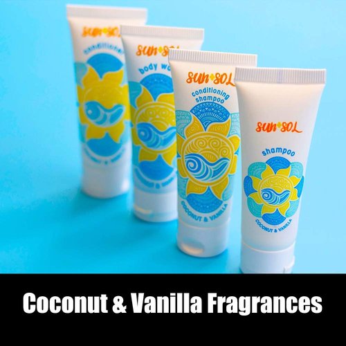 World Amenities Sun + Sol Bulk Moisturizing Massage Bar with Warm Coconut & Vanilla Fragrances, Sachet Wrapped Travel Size Toiletries, Mini Hotel Amenities, 1.23 oz (300 Pack)