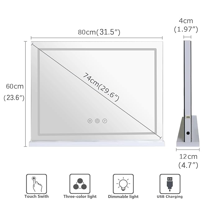 Makeup Vanity Mirror with Lights, 31.5"x 23.6" Large LED Lighted Mirror with 10X Magnification and USB Charging Port, Smart Touch 3 Colors Dimmable, Touch Control for Bedroom, White