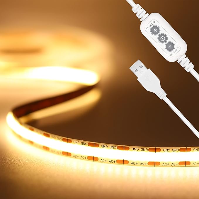 PAUTIX COB LED Strip Light 5V USB 6.56ft/2m 640LEDs 1200lm Dimmable LED Strip Light 3000K Warm White CRI90+ USB TV Backlight,Flexible Under Cabinet Tape Light for Bedroom,Kitchen,Home DIY Lighting