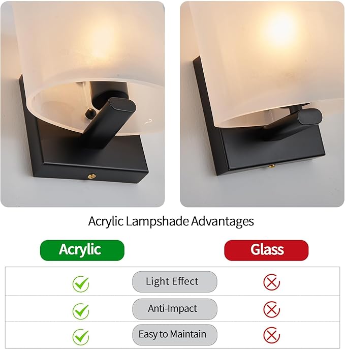 Hardwired Wall Sconces Set of 2, Modern Acrylic Shade Wall Light Fixture, Black Walls Mounted Lamp with Ceramic Lamp Holder, Classic E26 Bulb Walls Lighting for Bedroom, Hallway 【No Bulb Included】