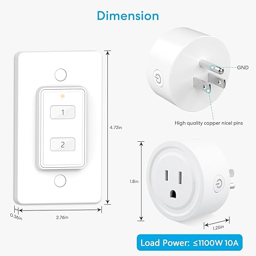 LoraTap Mini Wireless Remote Control Outlet Plug Adapter (2 Pack) with Remote, 2 Channel Wall Switch, 656ft Control Range for Indoor Lamps and Home Appliances, No Hub Required, 10A/1100W, White
