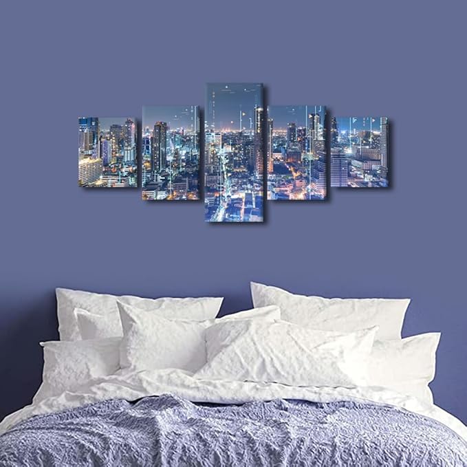 Canvas Wall Art for Living Room Modern City Landscape Picture 5 Panel Big Data Connection Poster Big Data Worker Home Decor Native Americans Office Decor Frame and Stretched Ready to Hang 50x24 Inch