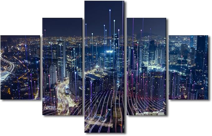 5 Panel Advanced City Poster Modern Digital Transformation Canvas Art Big Data Connection Picture Printing Internet Workers Living Room Bedroom Wall Decor Frame and Stretched Ready to Hang 60x40 Inch