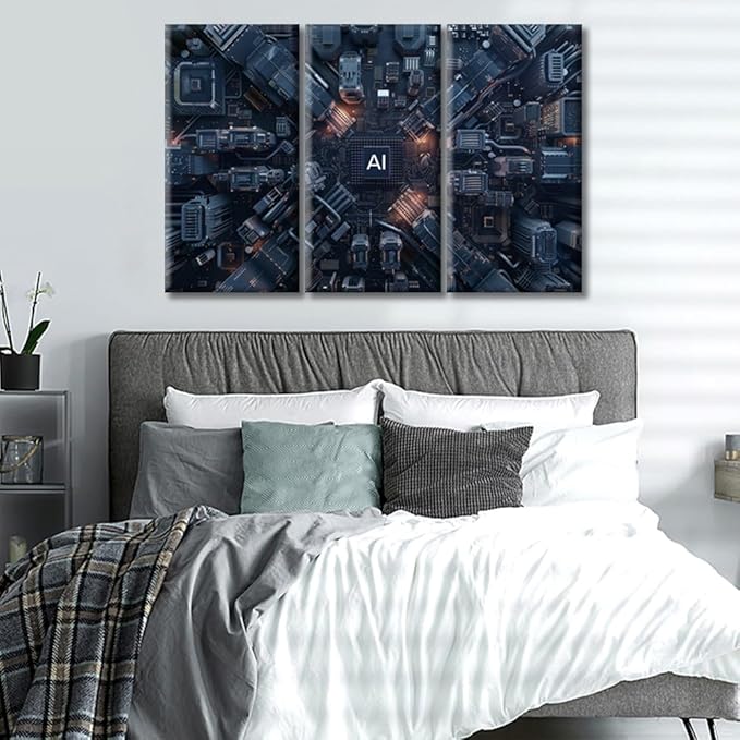 AI Advanced Circuitry Wall Art Decor 3 Panels Digital Intelligence Hub Pictures Circuit Board Pictures Painting Home Decor Print for Home Living Room Dining Room Framed Ready to Hang (36"Wx24"H)
