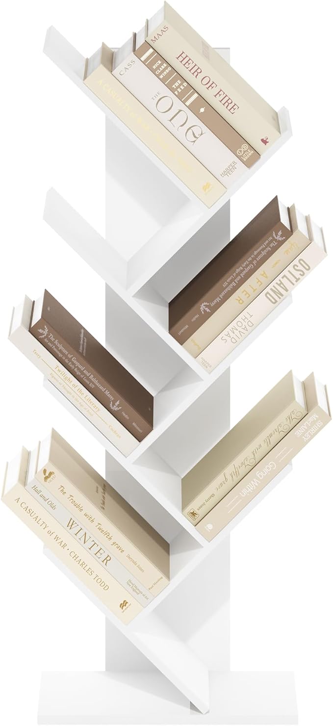 Furinno Tree Book Shelf, 7-Tier Bookshelf, Tree Bookcase for Room Decor, 8.4 x 15.7 x 39.4, for Living Room, Bedroom, Home Office, White