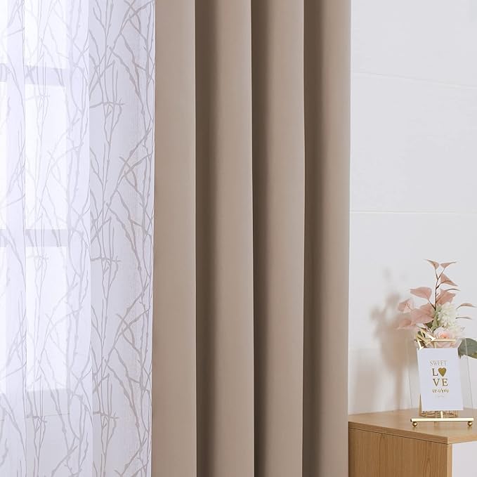 BONZER Mix and Match Curtains - 2 Pieces Branch Print Sheer Curtains and 2 Pieces Blackout Curtains for Bedroom Living Room Grommet Window Drapes, 54x84 Inch/Panel, Taupe, Set of 4 Panels