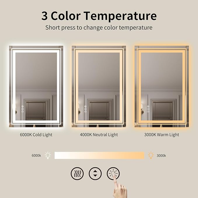 WTTY LED Bathroom Mirror with Backlit and Front Light,24"x32",Stepless Dimmable LED Mirror for Bathroom,Anti-Fog Lighted Bathroom Vanity Mirror Modern for Wall,Memory Function,Shatter-Proof