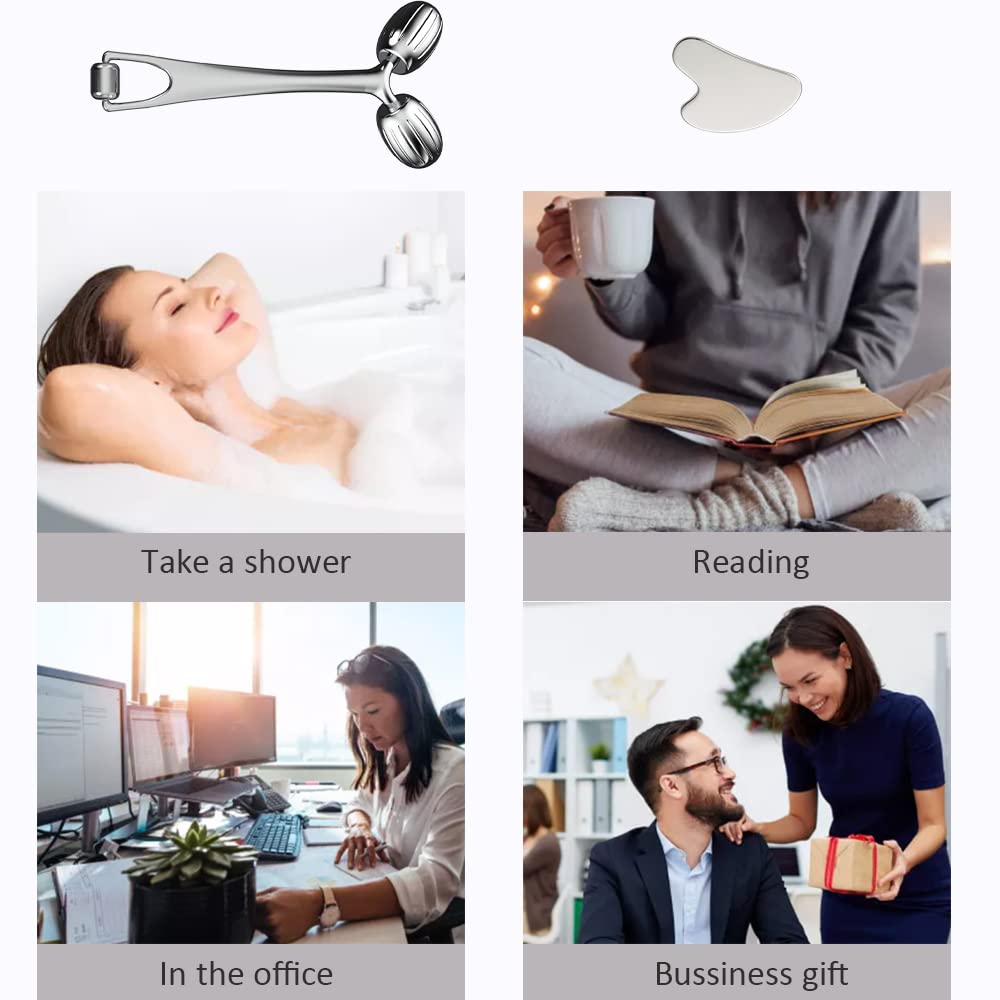 Yeamon Gua Sha Facial Tools and Face Roller Set, Facial Massage Tool for Women’s Skincare Routine,Cooling Stainless Steel Face Sculpting Eyes Roller Guasha for Daily Use or Self-Care Gift for Women