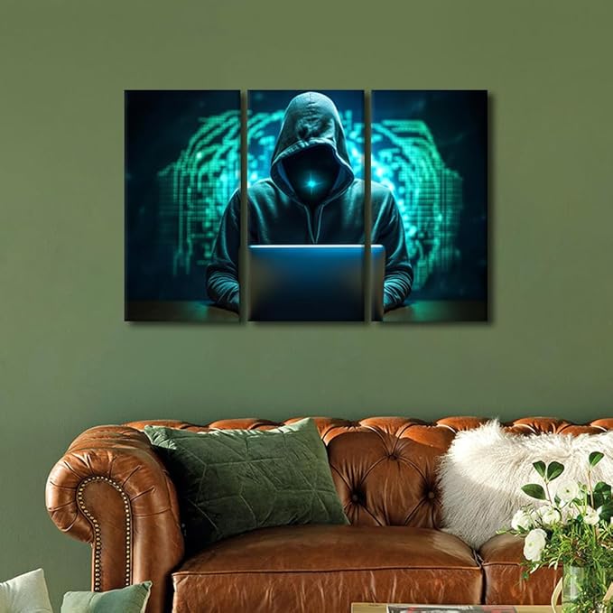 TUMOVO 3 Panels Canvas Wall Art Hacker Malware Canvas Prints Modern Artwork for Home Walls Living Room Decor AI Big Data Posters and Prints Stretched and Framed Ready to Hang, 36" Wx24 H