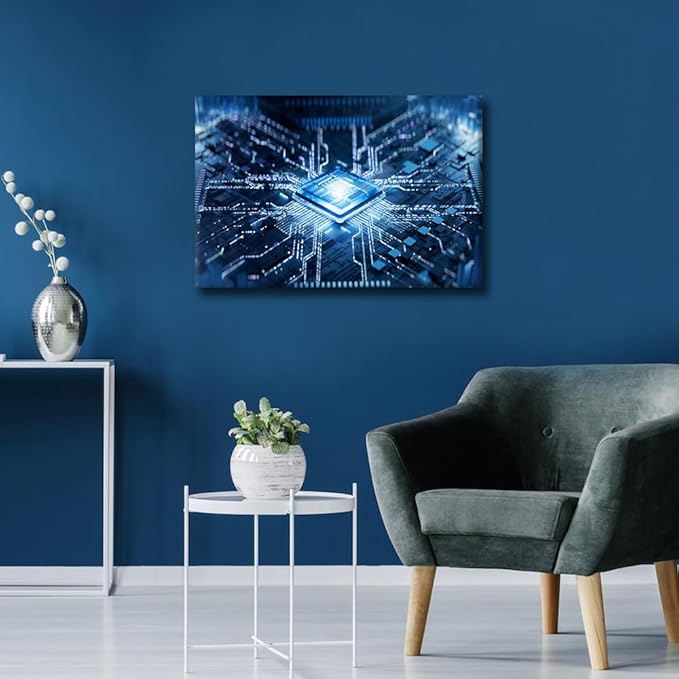 TUMOVO Wall Art for Living Room Technology Digital Art Bedroom Wall Decor Futuristic CPU Wall Paintings for Office Internet Concept Print On Canvas Modern Artwork Framed Ready to Hang, 24x16in