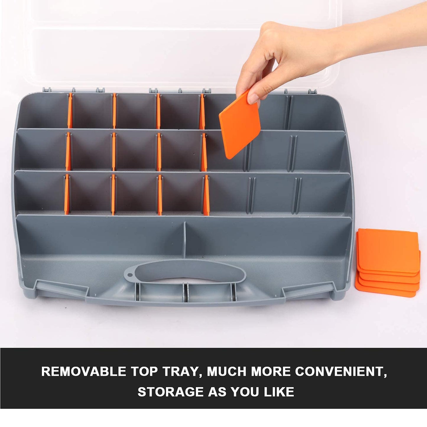 Makitoyo Hardware Storage Box Tools Organizer Container with Handle and Clear Lid, 21 Adjustable Compartments and 2 Fixed Sections,Perfect for Screws,Nuts, Bolts and Small Parts,15"L x 12.9""W x 2.9""H"