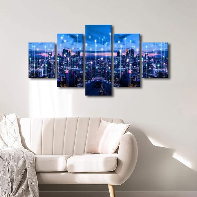 Canvas Wall Art-Bangkok Lighting City 5 Panel Urban Skyline Poster Sense of Technology Picture Futuristic Communication Technology Wall Artwork Internet Companies Meeting Room Decor 60x32 Inch