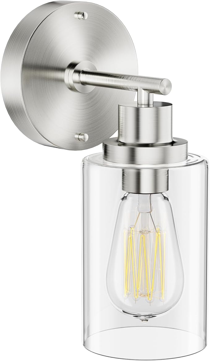 GORDNWE 1-Light Bathroom Wall Sconce, Brushed Nickel Vanity Light, Modern Wall Light Fixture with Clear Glass Shade and E26 Bulb Base, Wall Lamp Wall Mount Light Fixtures for Mirror, Bedroom, Hallway