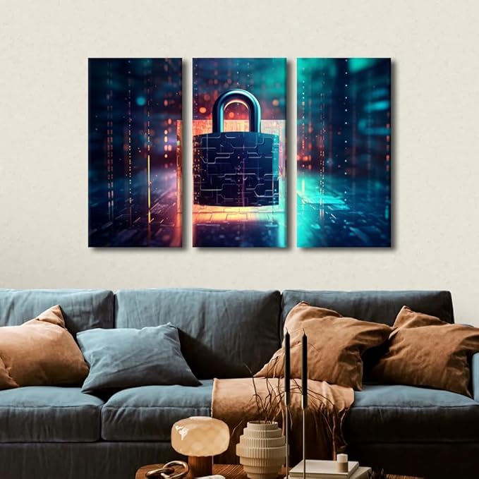 Modern Wall Art Multi Panel Cyber Security and Data Protection Concept Picture Posters for Home Office Wall Decoration, Wooden Framed Gallery-Wrapped Ready to Hang, 36" Wx24 H