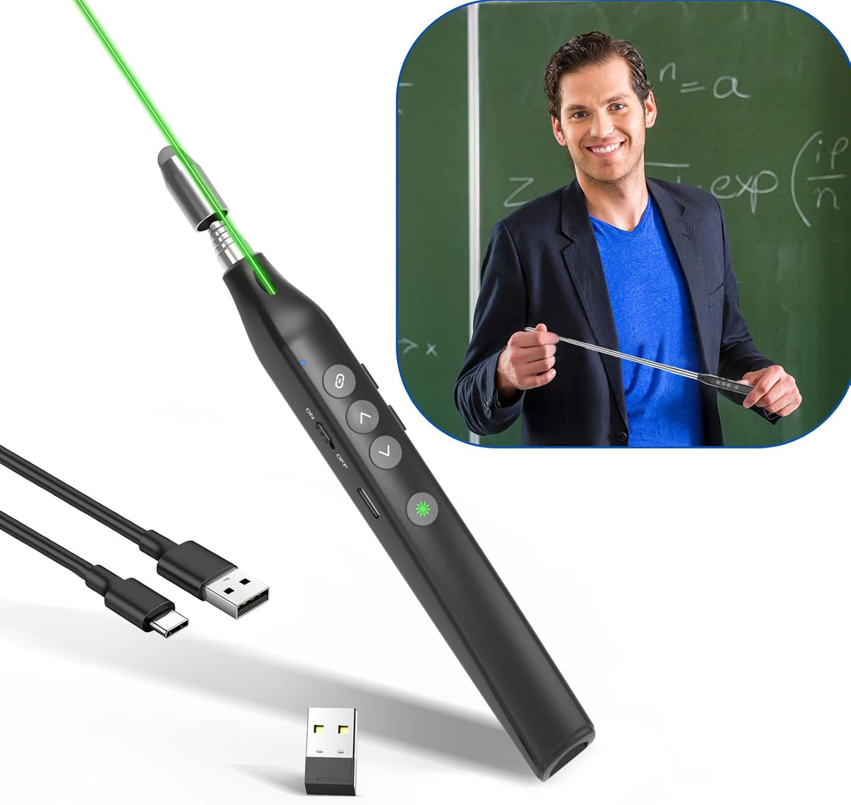Presentation Clicker Telescopic Pointer: Powerpoint Remote Wireless Presenter Green Laser Stylus Pen for Touch Screen, Google Slide Smart Board Retractable Stick for Mac Computer (Rechargeable)