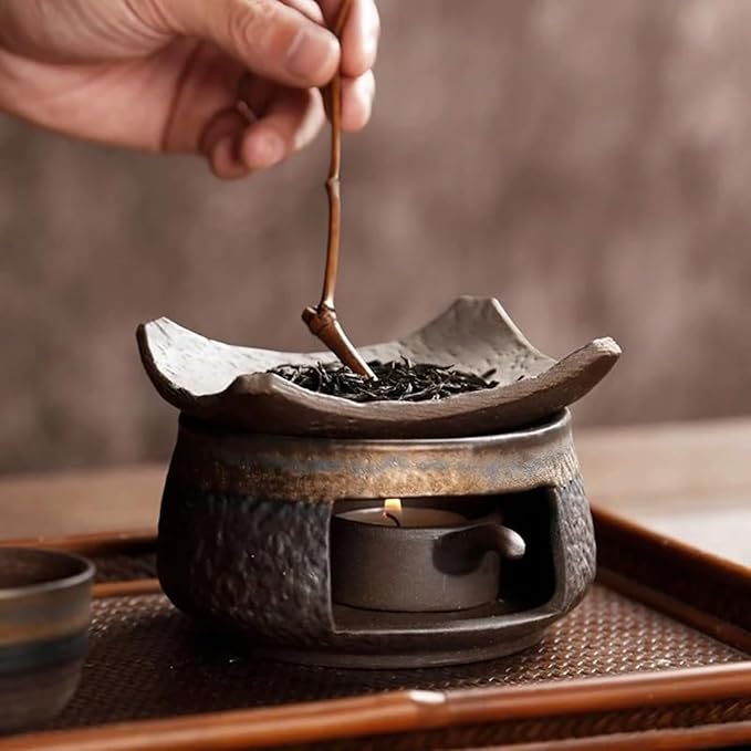 Ceramic Tea Stove Warmer Set, Aromatherapy Burner, Handmade Ceramic Candle Wax Melts Warmer with Tealight Holder, for Meditation (A)