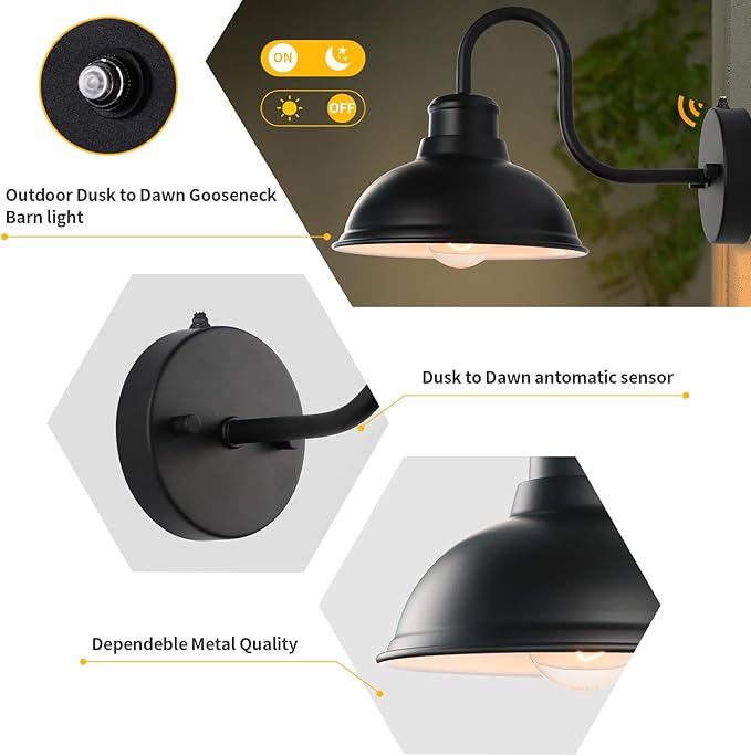 Dusk to Dawn Outdoor Wall Sconces, Exterior Farmhouse Gooseneck Barn Light, Vintage Matte Black Outside Wall Mount Light Fixture, Anti-Rust Waterproof Outdoor Light for Porch Garage