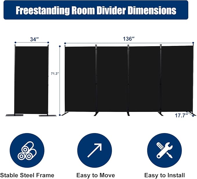 Room Divider 6FT Portable Room Dividers and Folding Privacy Screens, 136'' W Fabric Divider for Room Separation, 4 Panel Partition Room Dividers Freestanding Wall Divider Screen for Dorm Studio Office