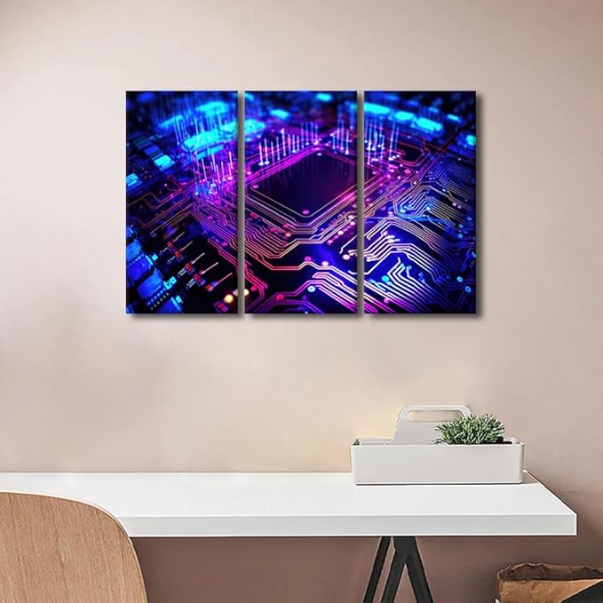 TUMOVO Wall Art for Living Room Circuit Board Canvas Wall Art Semiconductor Chip Artwork for Home Walls Large Wall Decor Chip Modern Home Decor Stretched and Framed Ready to Hang 3 Pieces, 36" Wx24 H