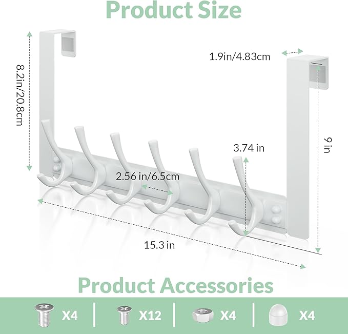 Over The Door Hooks with 6 Hooks for Hanging-Space-Saving,Over The Door Hanger,Over The Door Towel Rack,Towel Hanger for Bathroom,Guaranteed Quality & Compressed Packaging (2, White-Unassembled)