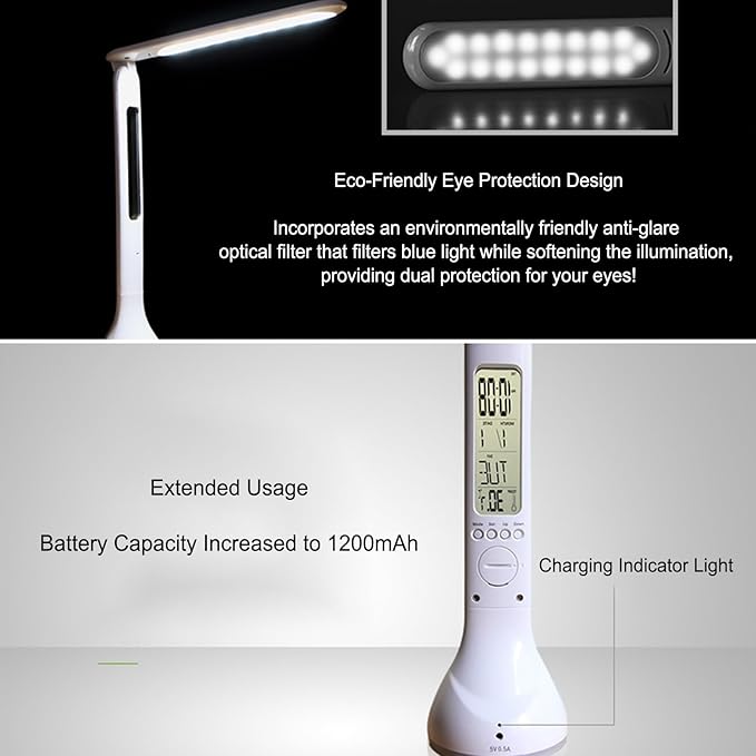 Smart Bedside Lamp with Transparent Display, RGB Dimmable Desk Light, 180° Foldable, Built-in Battery, Multi-Function with Clock/Date/Temperature Alarm,T19 White.