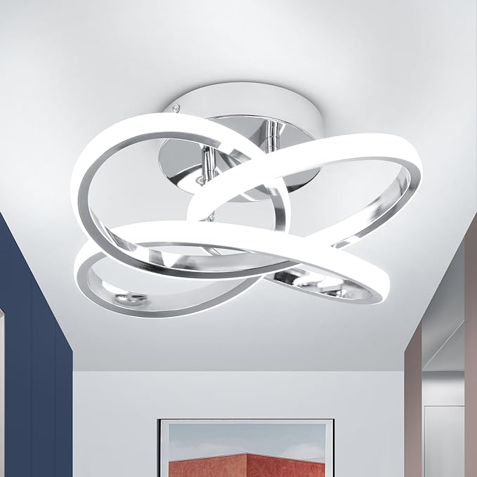 Modern Led Ceiling Lights, 11.8in Chrome Curved Hallway Ceiling Lights Fixtures, 26W Flush Mount Ceiling Light for Bedroom Kitchen Bathroom Entryway Balcony Stair - Cold White Light 6000K