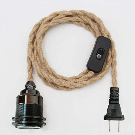 Black Plug in Pendant Light Fixture, 16.4 Ft Pendant Light Kit, Hanging Lights with Plug in Hemp Rope Cord & Switch, Vintage E26 Socket Set Farmhouse Decor, Retro Lamp Cable DIY (Bulb Not Included)