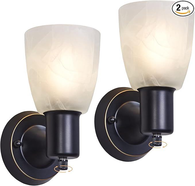 Wall Sconces Set of 2, Matte Black Vanity Lights for Bathroom, Modern Wall Light Fixtures with Rotary Switch, Wall Mount Light with Frosted Glass, Farmhouse Lamp for Bedroom Mirror Living Room