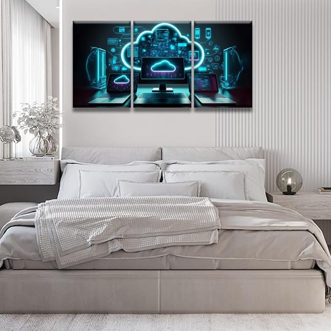 LSIUHWUWI 3 Panel Canvas Print Art Set Modern Cloud Technologies Neon Colors Cyber Space Posters Modern Wall Art for Bedroom Living Room Wall Decorative,Artwork, 16x24inchx3