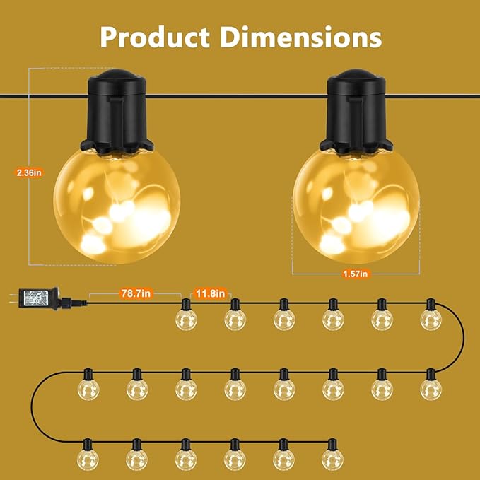 Outdoor String Lights Plug in, 25ft 20 LED Bulbs Hanging Patio Lights Dimmable with Timer & Remote, Globe Bulb Shatterproof & Waterproof for Outdoor Indoor Backyard Balcony Decor - Warm White