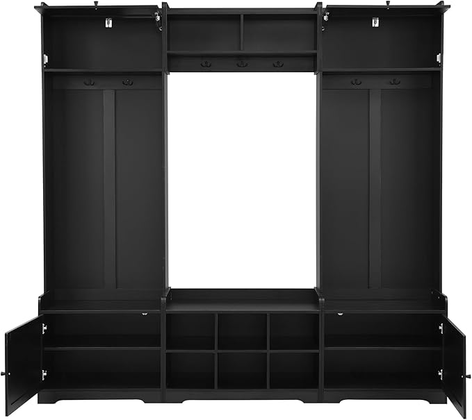 79.1''Wide Modern Hall Tree with Shoe Storage and 7 Coat Hooks, 4-in-1 Entryway Bench with 8 Cubbies and Adjustable Shelf for Hallway, Living Room (Black/78)