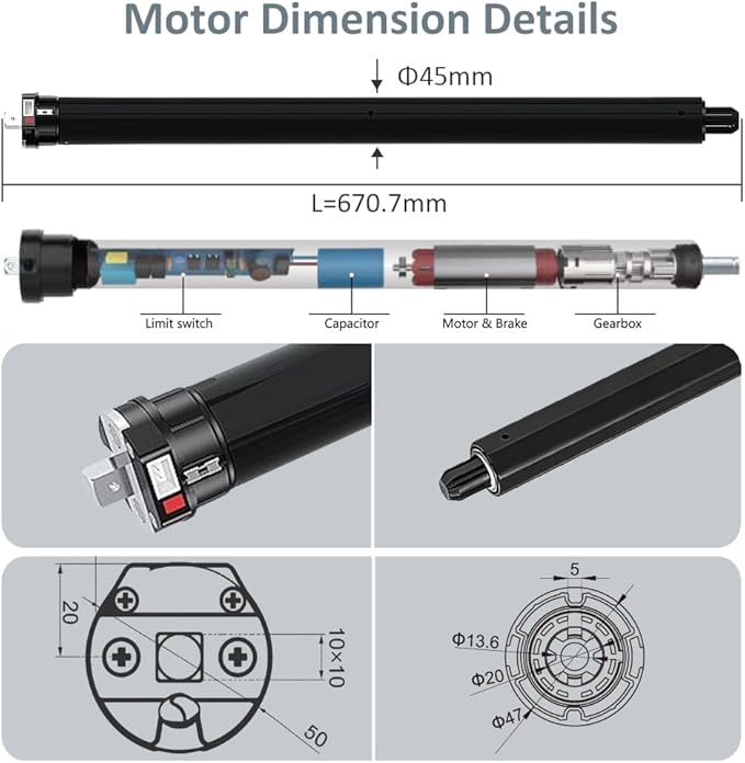 KNX Smart Tubular Motor 120V, Heavy Duty Electric Roller Shade Engine, Wired Automation Blind Drive, 433MHz Remote, Quiet Lift for Wood Blinds & Screens (50 N.m for Φ74mm（3"） Round Tube)